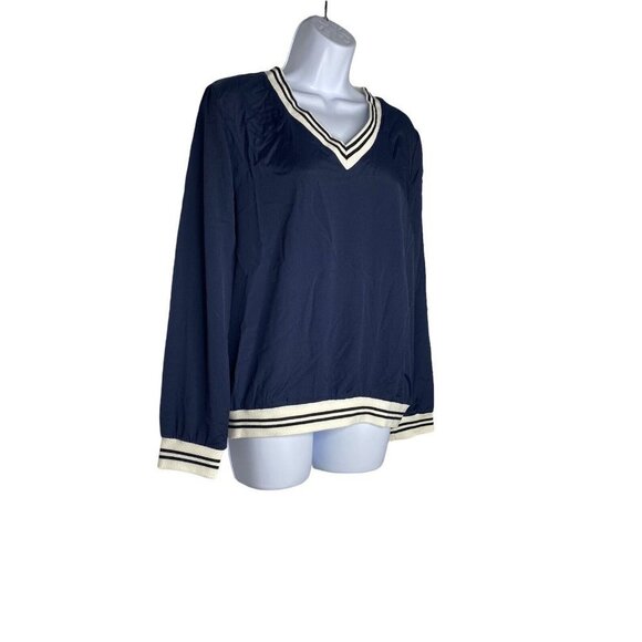 Piperlime‎ Woman’s V Neck Rib Navy Trim Varsity Long sleeve Pullover SZ M - Picture 2 of 6